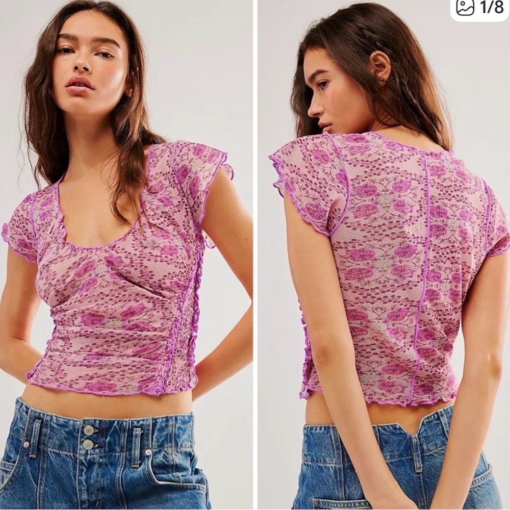Free People Pink Floral Lace Mesh Crop Top